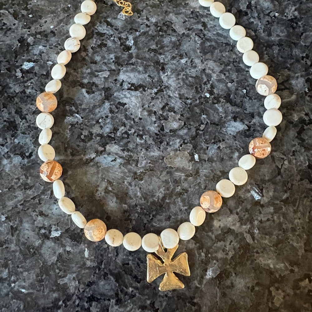 Gold and Cream Cross Pendant Necklace